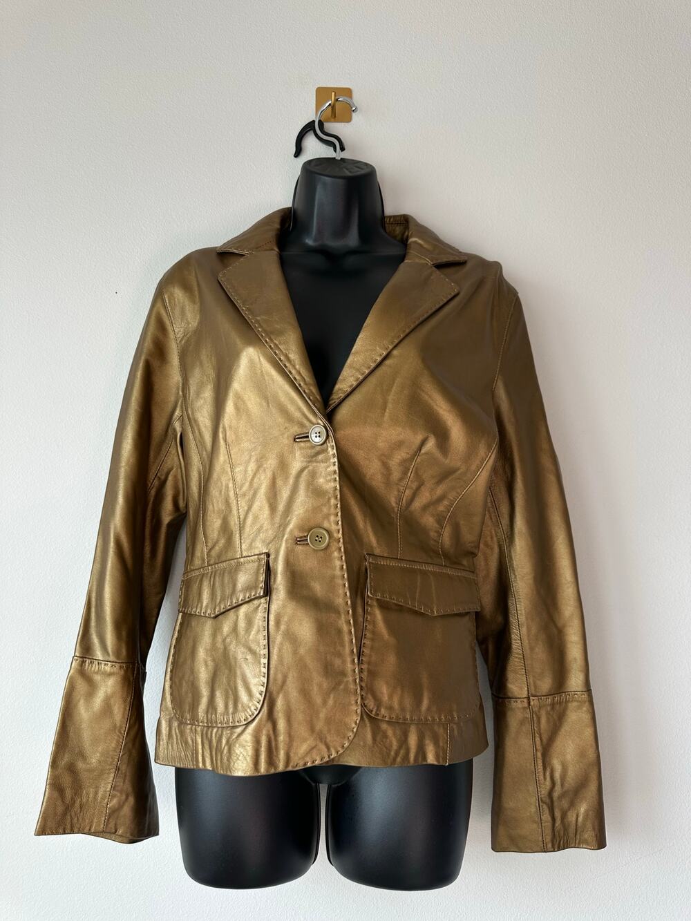 Vintage Y2K Cabi Metallic Gold Leather Blazer Jacket Womens M Glam